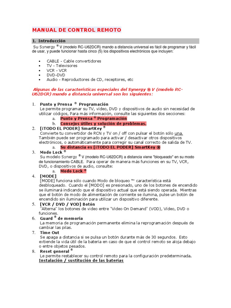 Manual de Control Remoto | Descargar gratis PDF | Control remoto ...