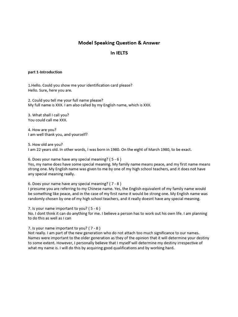 IELTS Speaking Model Questions & Answers | PDF | Housewife | Workweek ...