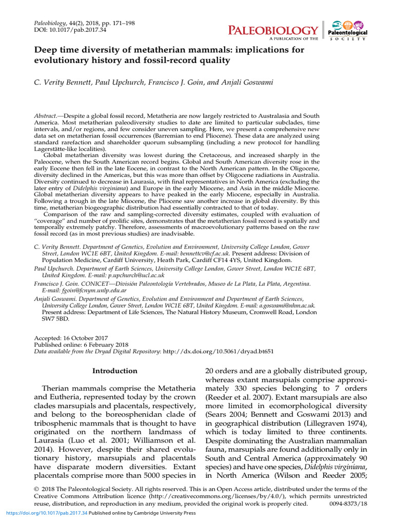 Bennett Et Al - 2018 - Deep Time Diversity of Metatherian Mammals | PDF ...