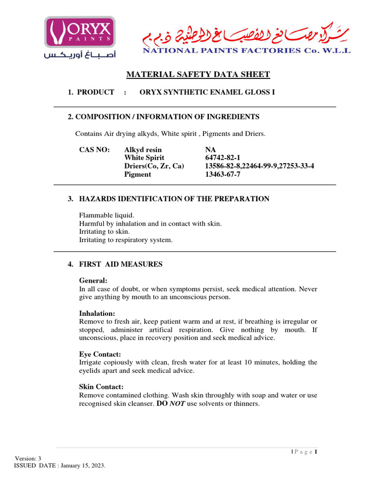 Oryx Synthetic Enamel Gloss I MSDS | PDF | Dangerous Goods | Combustion