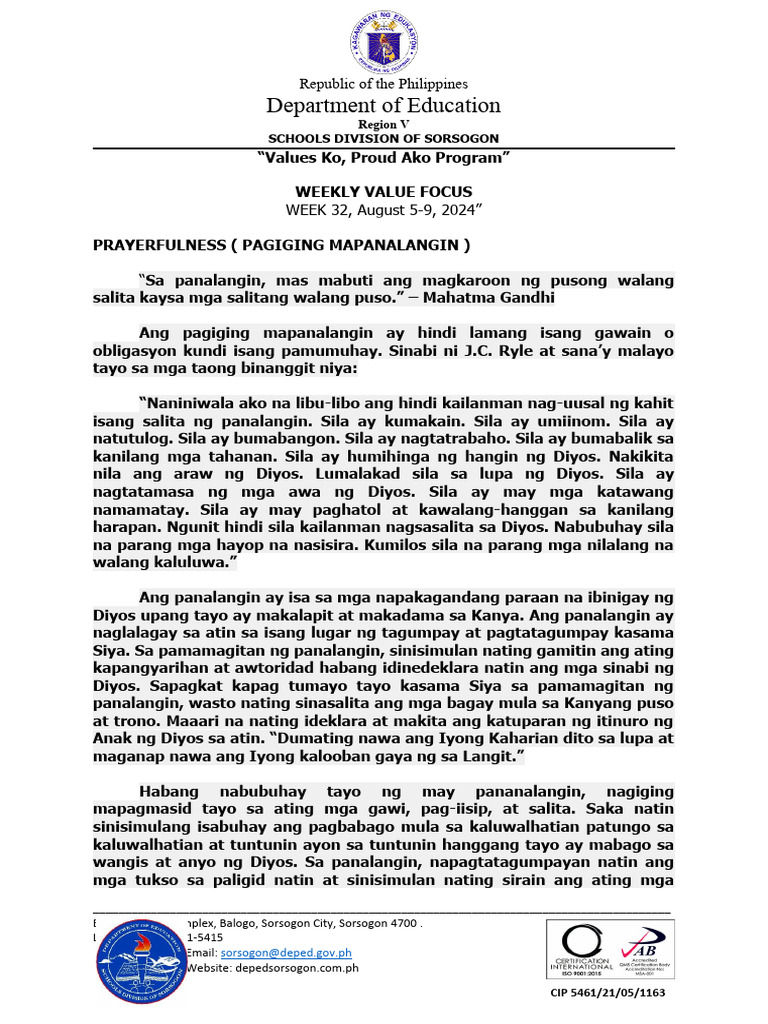 Filipino weekly value focus prayerfulness pdf