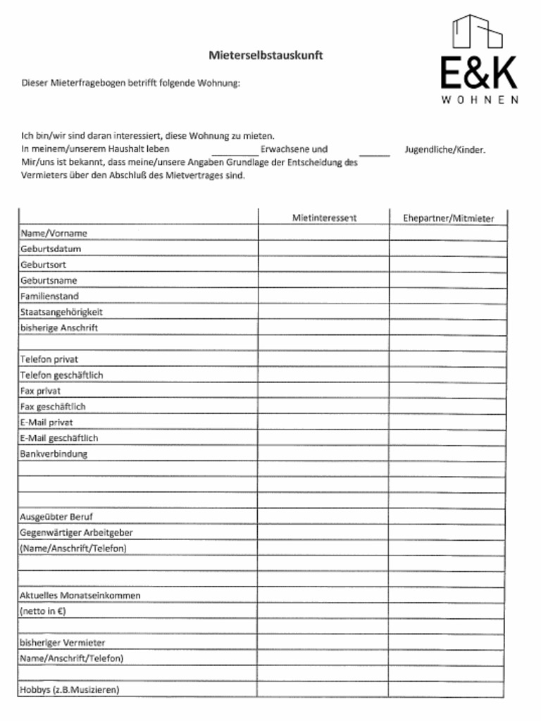 Mieterselbstauskunft Pdf Kostenlos Bearbeiten