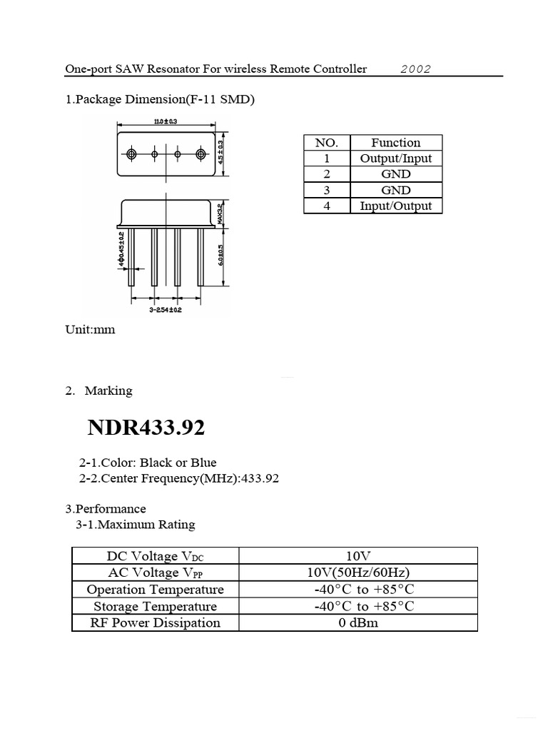 SAW Resonator Specs for Remote Control | PDF | Electronic Oscillator ...