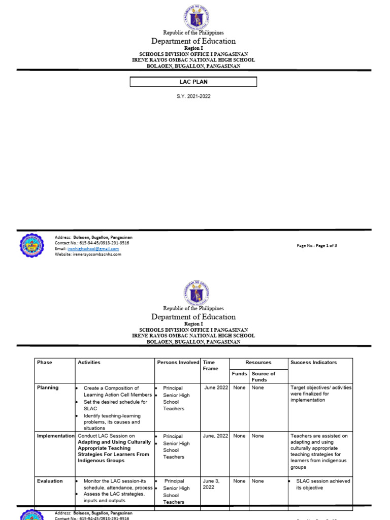 LAC Plan for Irene Rayos Ombac NHS | PDF | Learning | Cognition