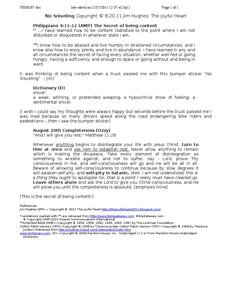 08.20.11 No Sniveling | PDF | Cooking, Food & Wine | Self-Improvement