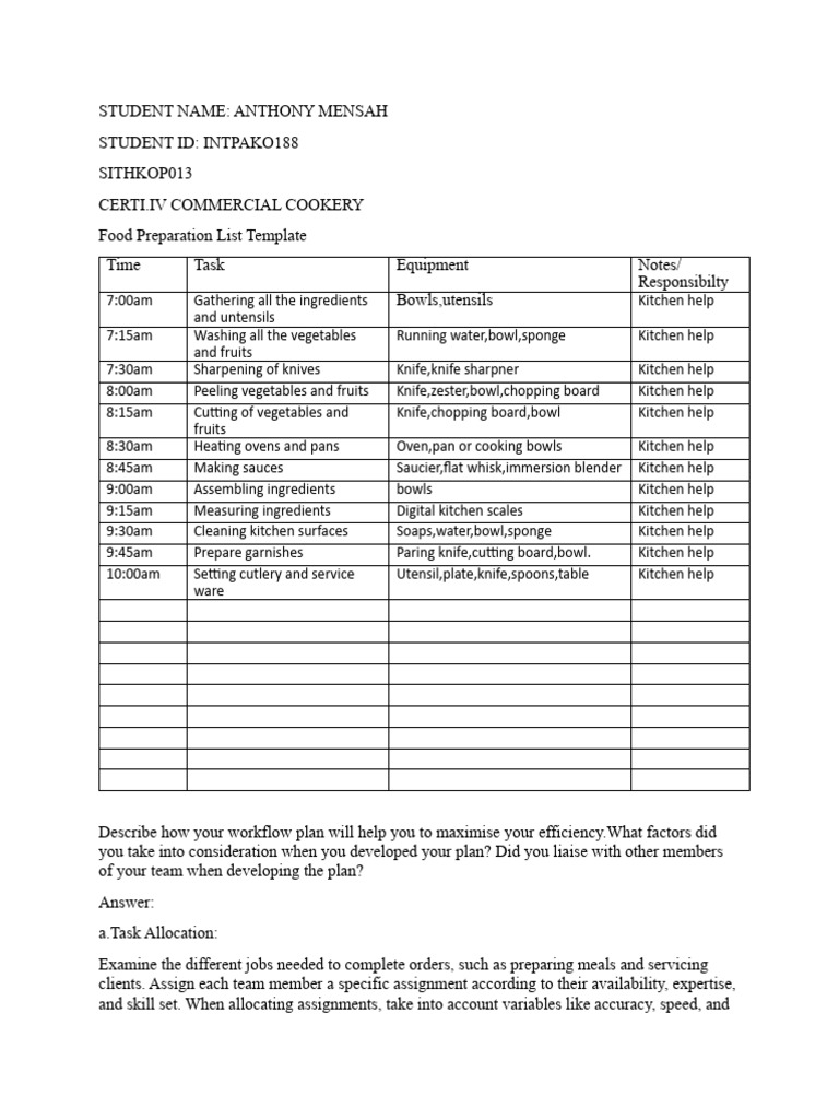 Kitchen Workflow Plan Example | PDF | Kitchen Utensil | Kitchen