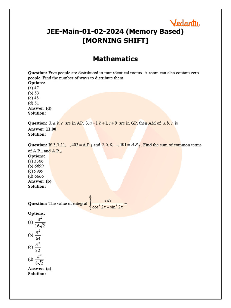 JEE Main 2024 Mathematics Questions | PDF | Mathematics | Mathematical ...