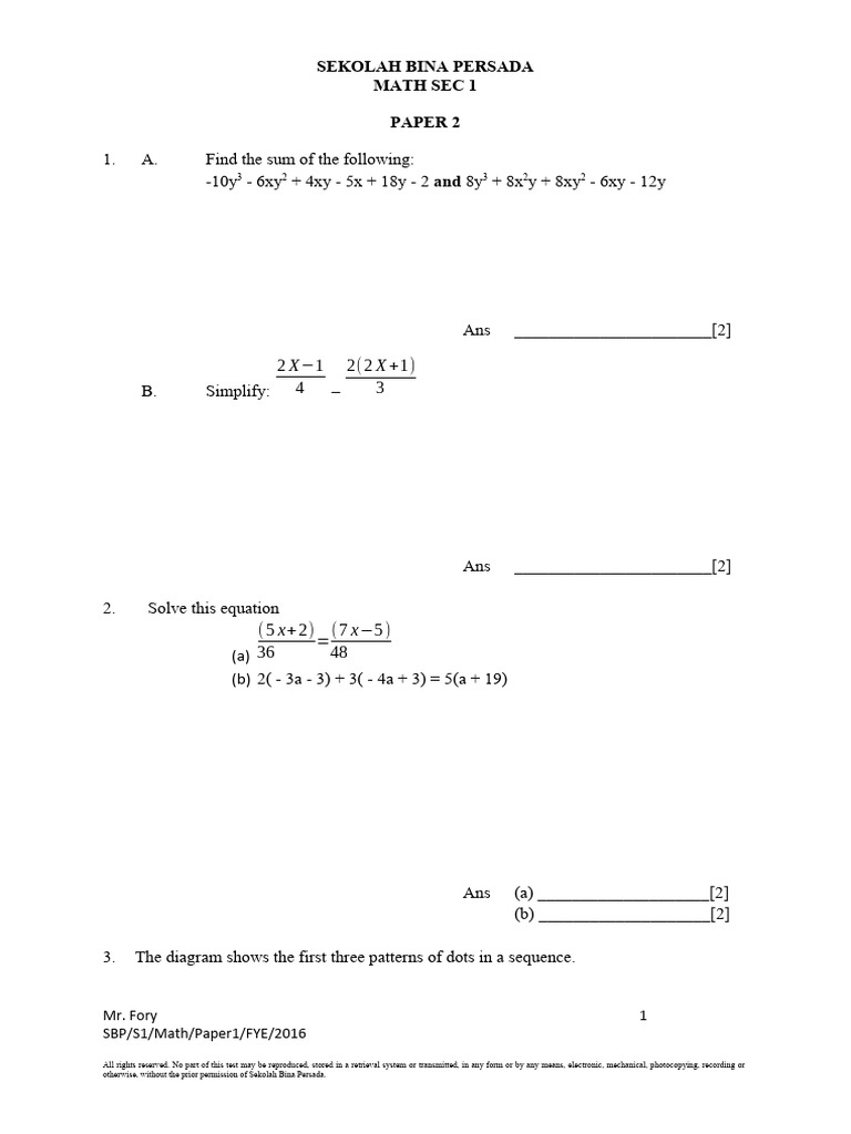 Math Paper 2: SEKOLAH BINA PERSADA | PDF | Area | Physical Quantities