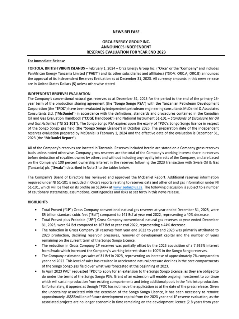 Orca Energy 2023 Reserves Evaluation Report | PDF | Risk | Net Present ...