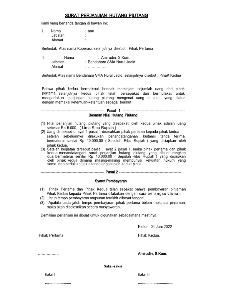 Surat Perjanjian Hutang Piutang 5 Pdf