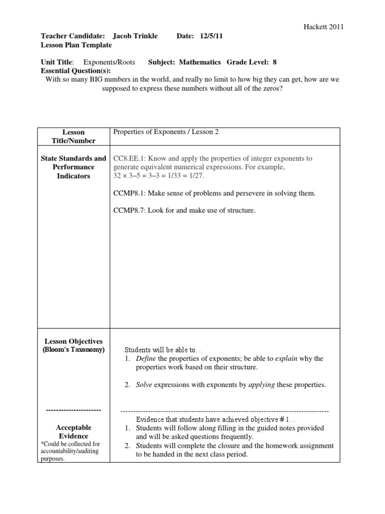 Exponents Properties Lesson Plan | PDF | Exponentiation | Homework
