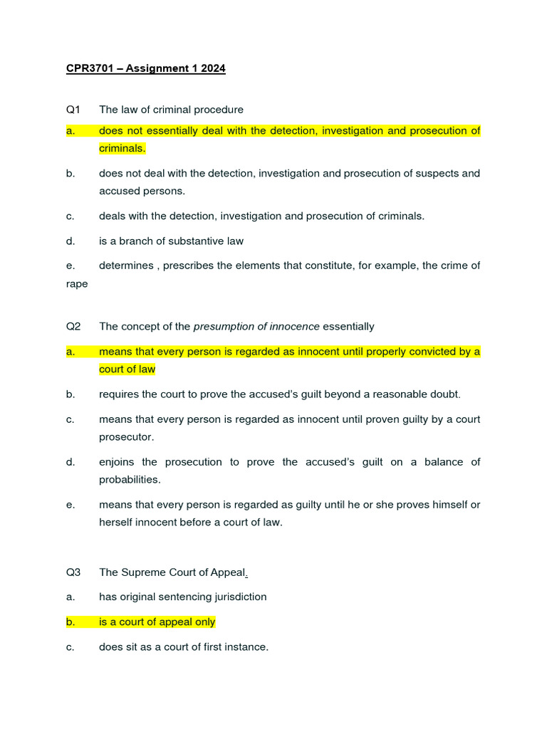 Criminal Procedure MCQ Assignment 1 | PDF | Criminal Procedure In South ...