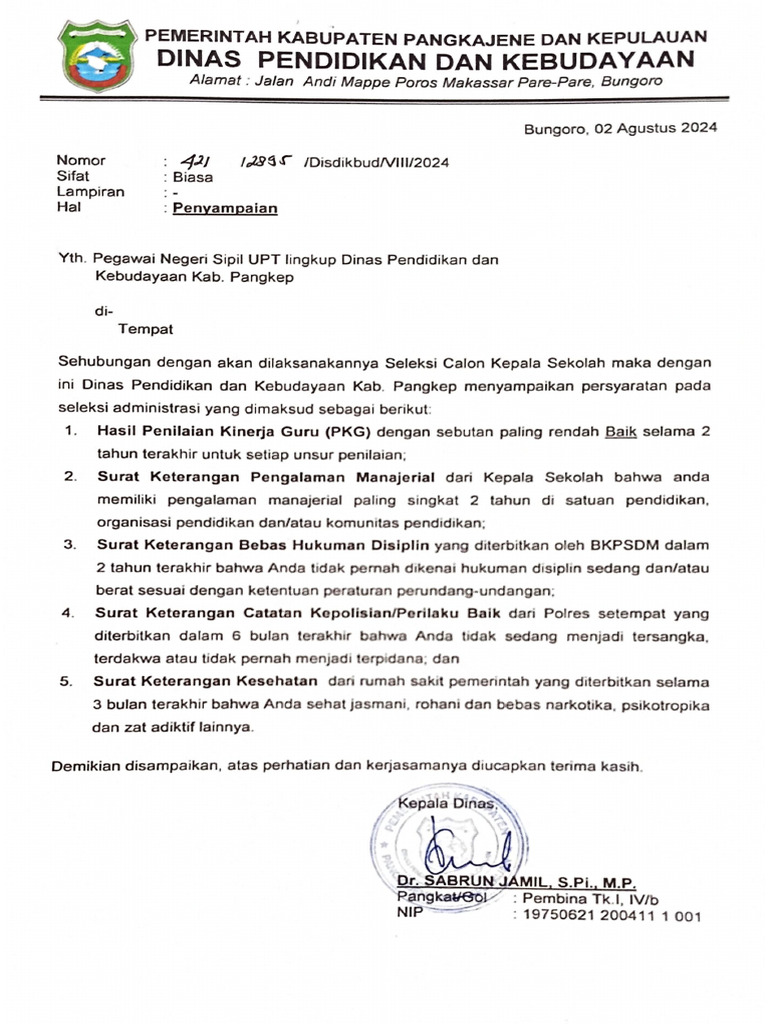 Penyampaian Persyaratan Administrasi Seleksi Calon Kepala Sekolah Pdf