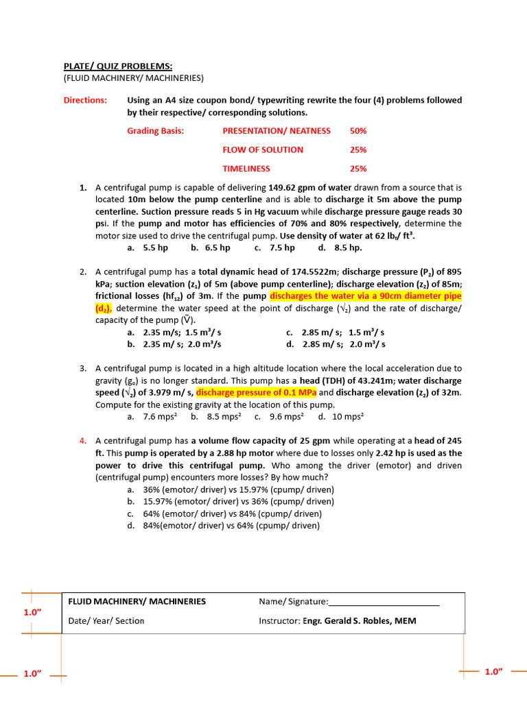 TDH Pump Quiz Problems and Solutions | PDF | Pump | Pressure
