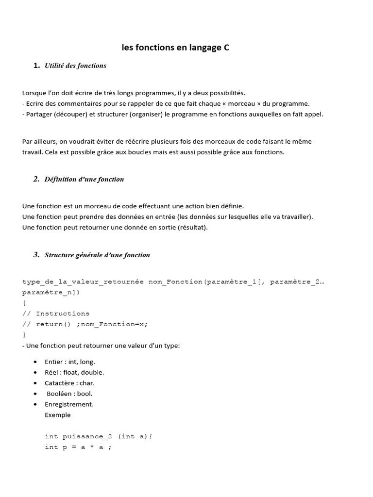 Fonctions en C : Définition et Exemples | PDF | Booléen | Programme ...