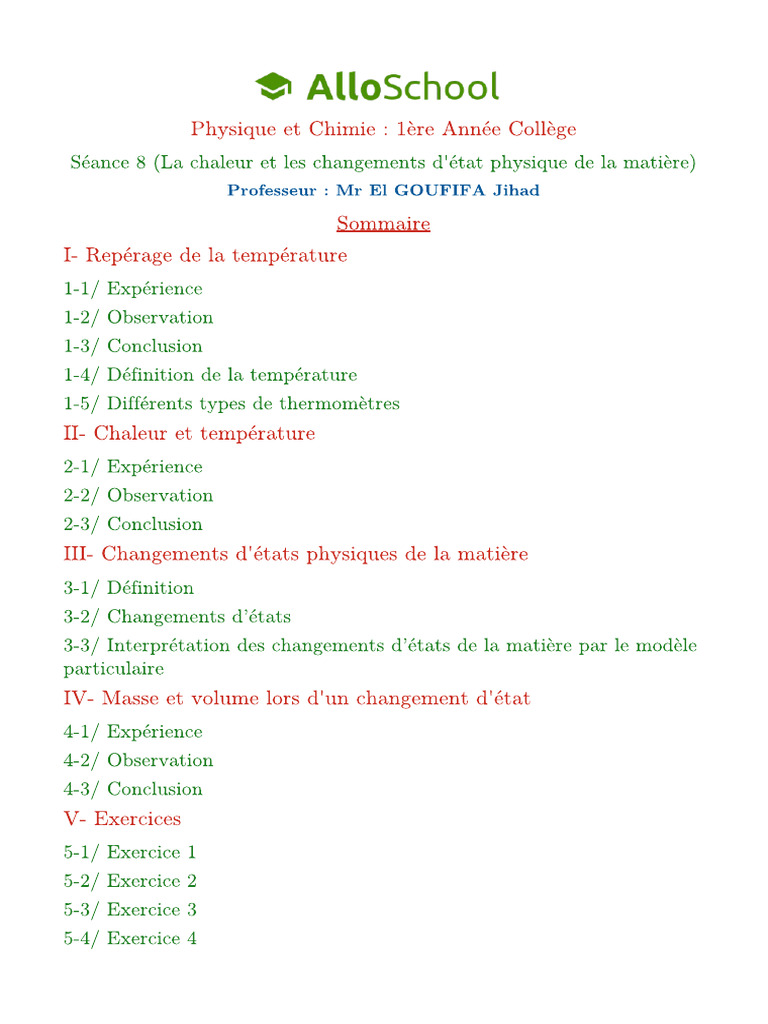 Seance 8 La Chaleur Et Les Changements D Etat Physique de La Matiere 1 ...