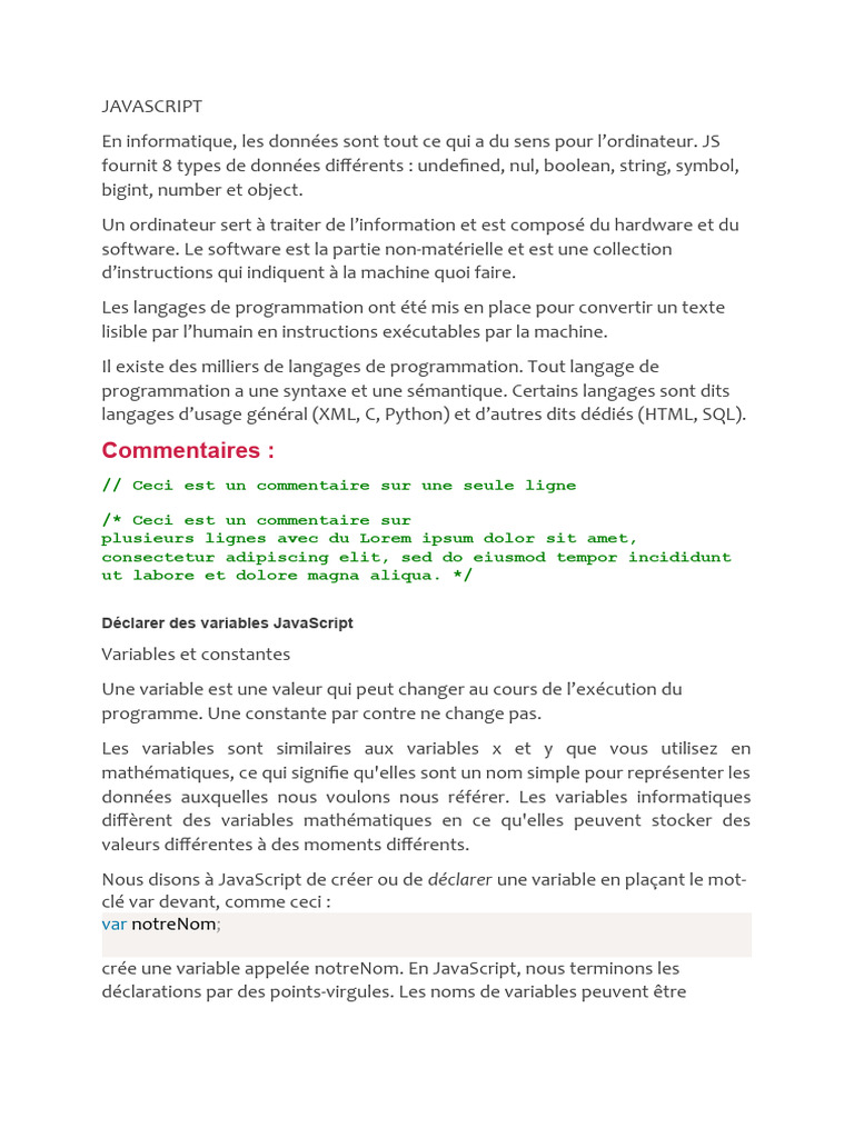 Introduction à JavaScript et variables | PDF | Variable (informatique ...