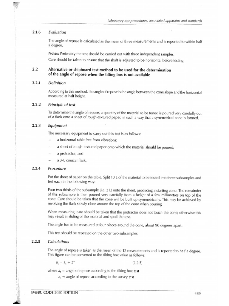 Shipboard Test Method Fot Angle of Repose | PDF