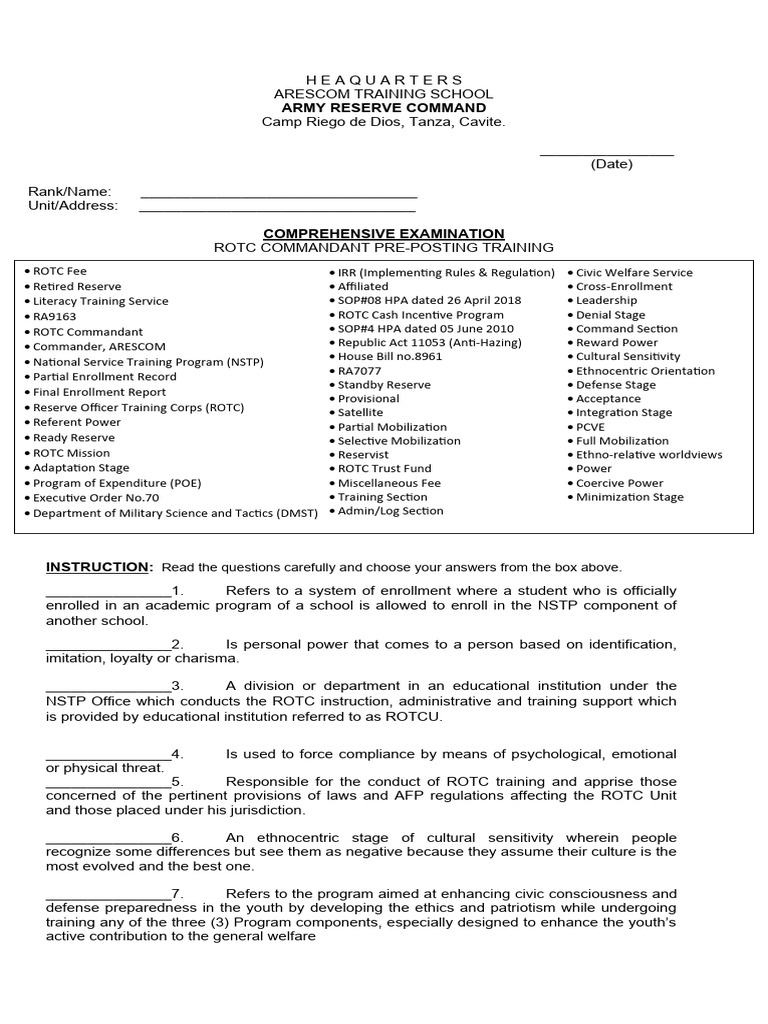 Comprehensive Examination | PDF | Reserve Officers' Training Corps ...