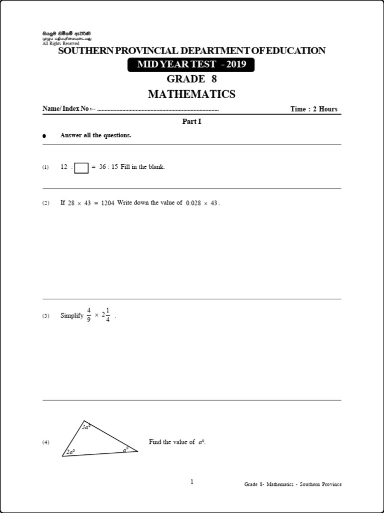 Grade 8 Mathematics Mid-Year Test 2019 | PDF | Line (Geometry ...