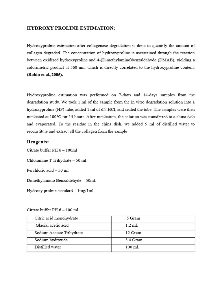 Hydroxyproline Estimation Method | PDF | Acid | Buffer Solution
