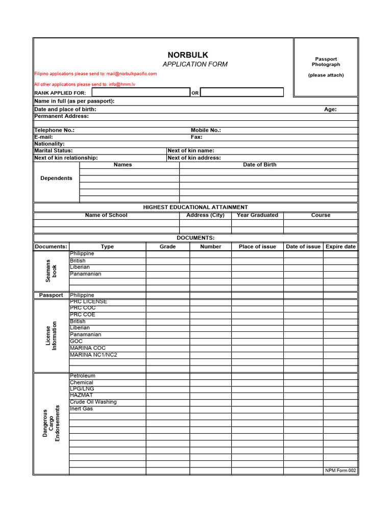 Norbulk+ +Crewing+Application+Form | PDF | Oil Tanker