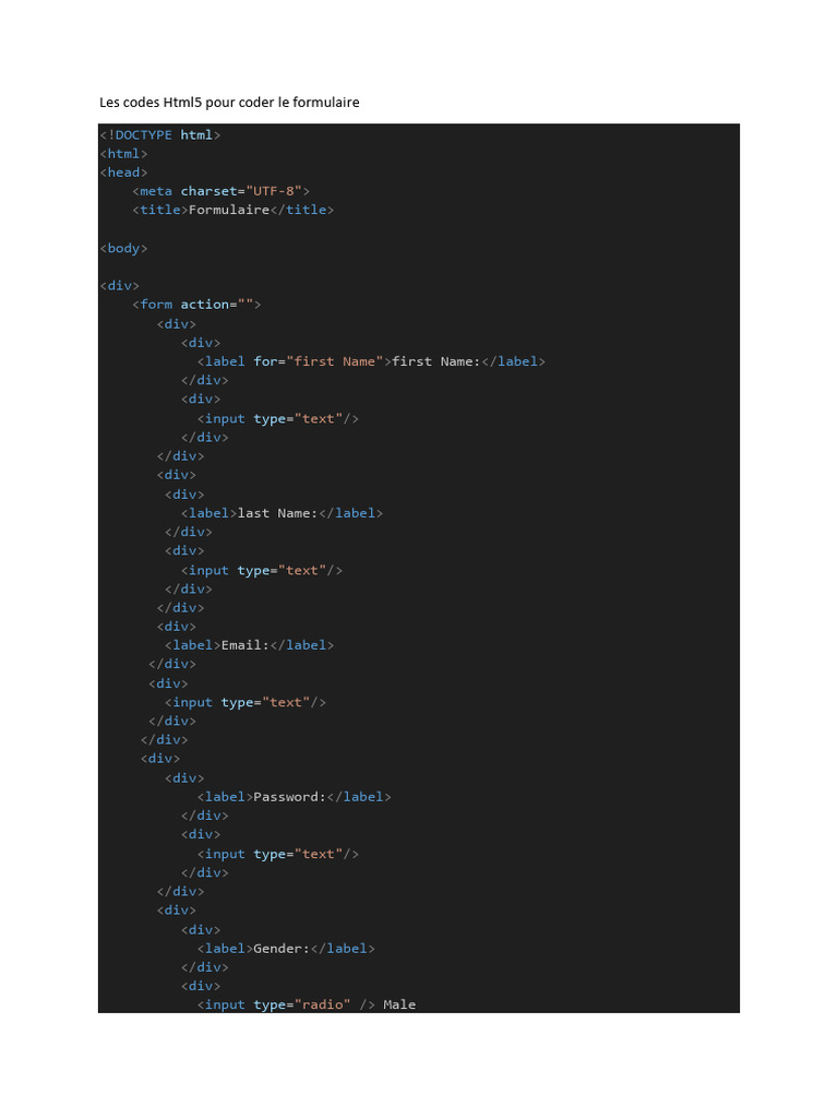 Les codes html5 pour coder le formulaire pdf