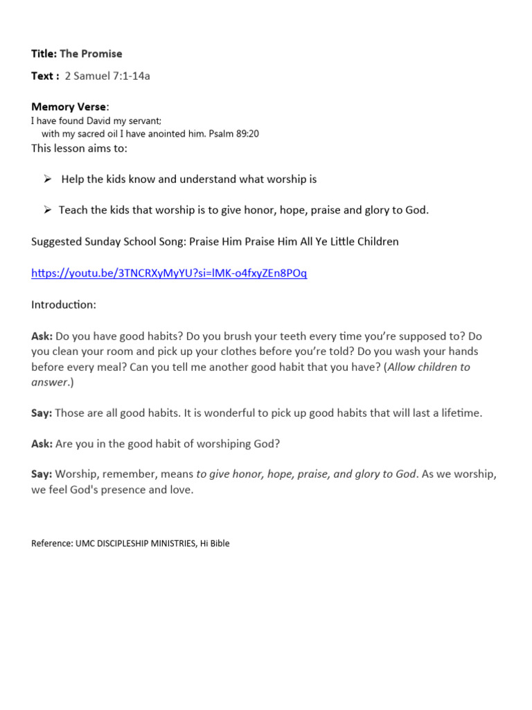 Kids ss lesson july 21 call to worship pdf david god