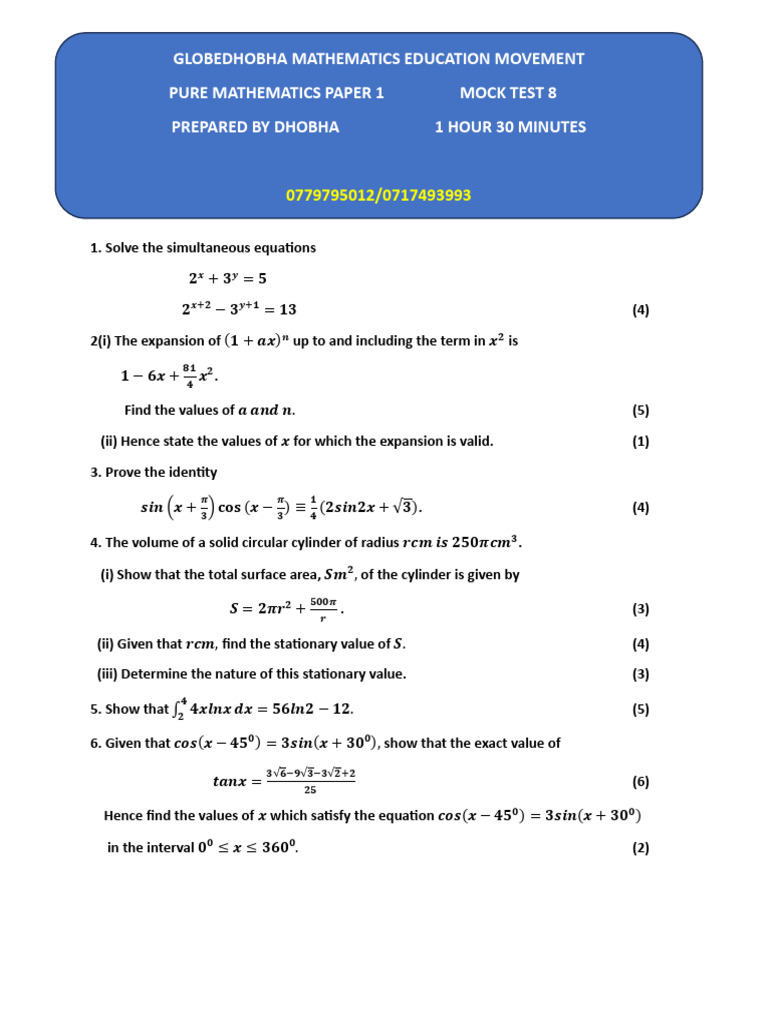 Mathematics Mock Test Solutions | PDF | Equations | Mathematics