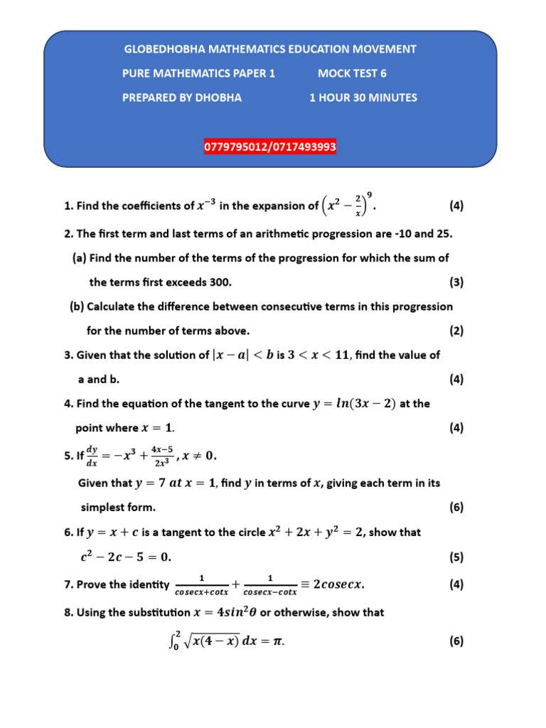 Mathematics Mock Test Questions | PDF | Mathematics | Mathematical Analysis