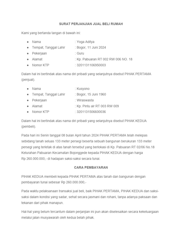 Surat Perjanjian Jual Beli Rumah | PDF