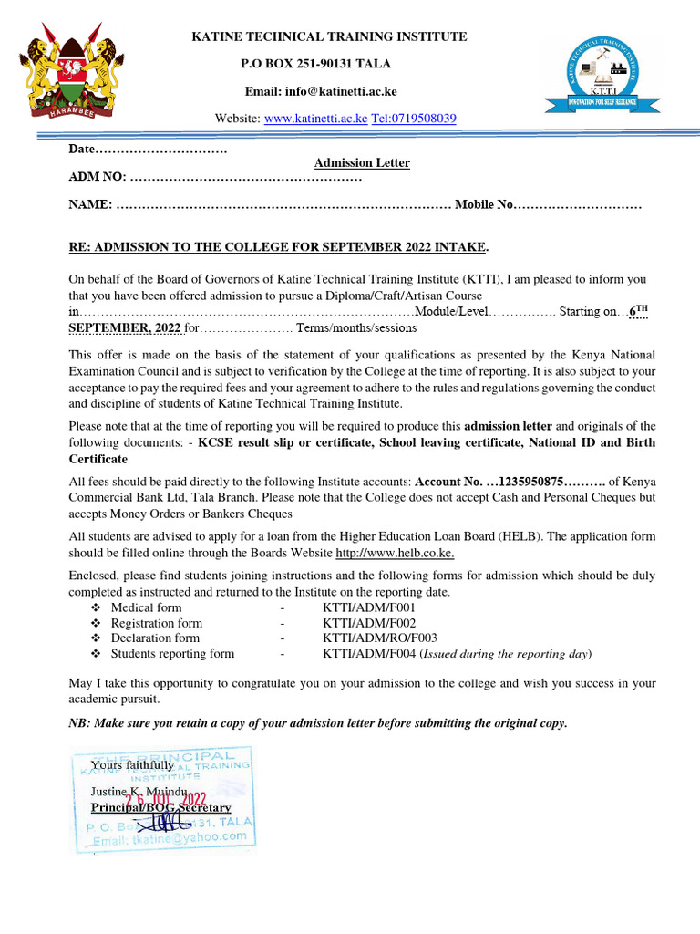 Admission Letter For September 2022 Intake 1 | PDF | Fee | Cheque