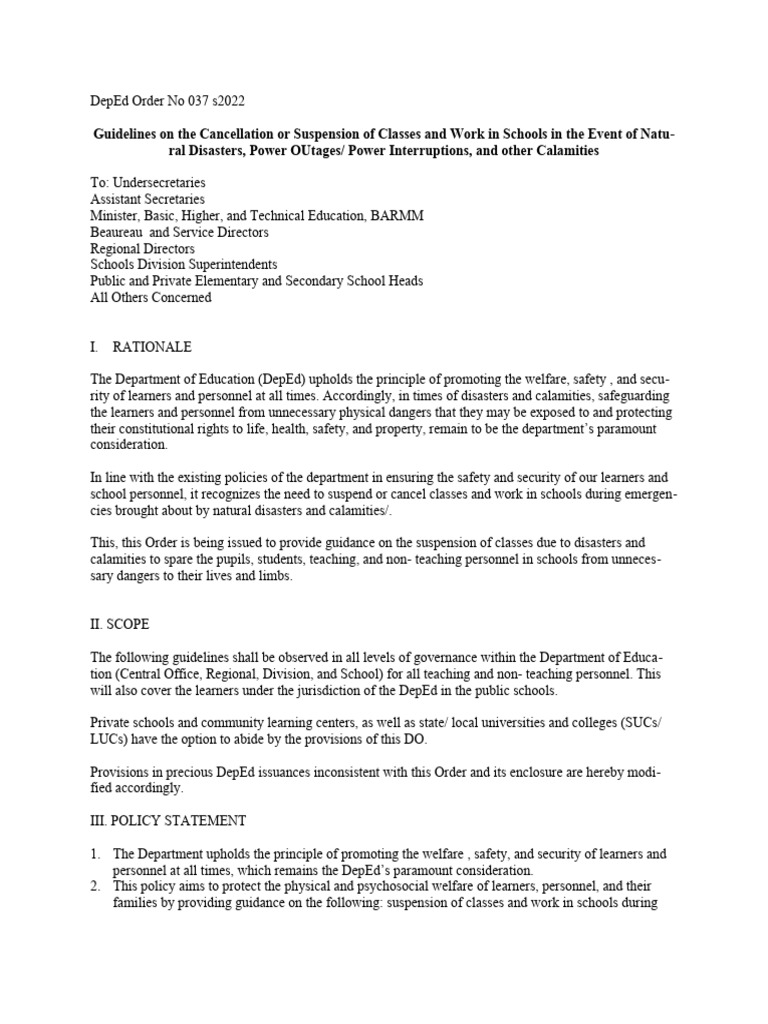DepEd Order 037: Class Suspension Guidelines | PDF | Natural Hazards ...