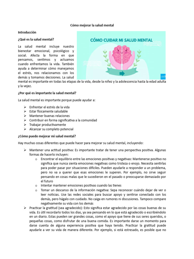 Mejora tu salud mental hoy | PDF | Salud mental | Depresión (estado de ...