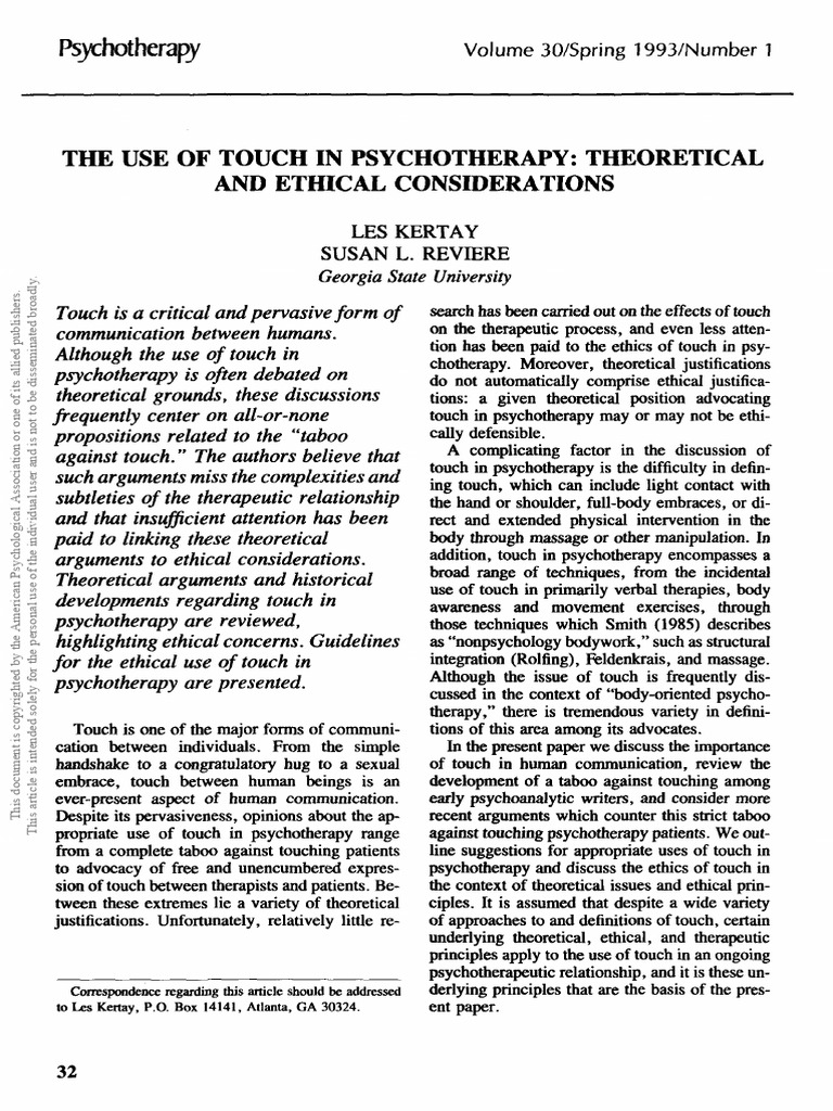 1993 - Kertay - The Use of Touch | PDF | Psychotherapy | Psychoanalysis