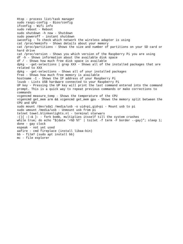 Raspberry Pi Command Line Cheat Sheet | PDF