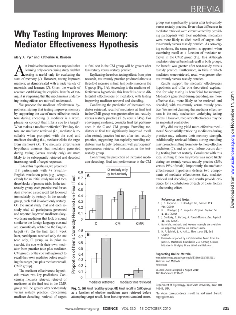 Mediator Effectiveness in Memory Testing | PDF | Recall (Memory) | Memory