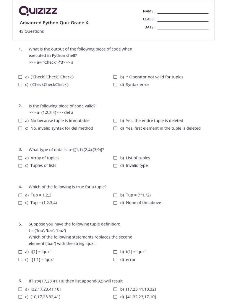Advanced Python Quiz for Grade X | PDF | Data Type | String (Computer ...