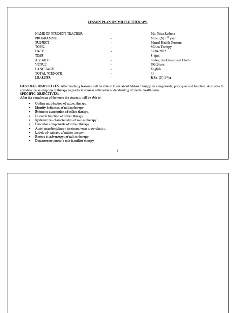 Milieu Therapy Lesson Plan | PDF | Psychotherapy | Psychiatry