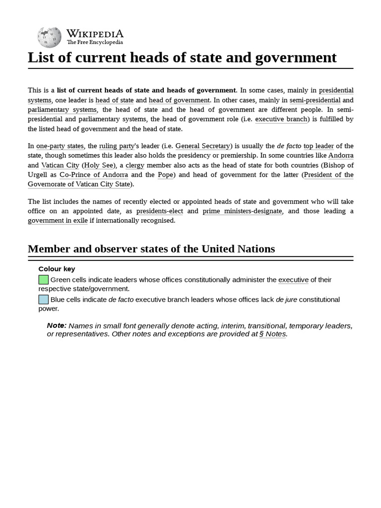 Current World Leaders List | PDF | Heads Of State | Government