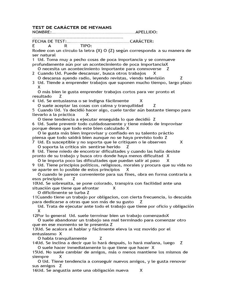 Test de Carácter de Heymans | PDF | Humor | Ciencias del comportamiento