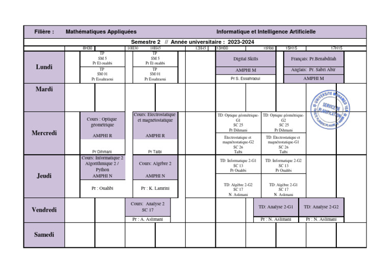 Emploi du temps 2023-2024 Semestre 2 | PDF | Mathématiques