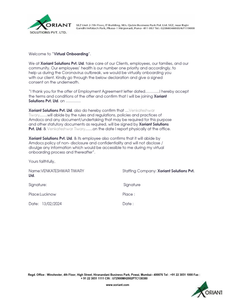 Virtual Onboarding Declaration | PDF