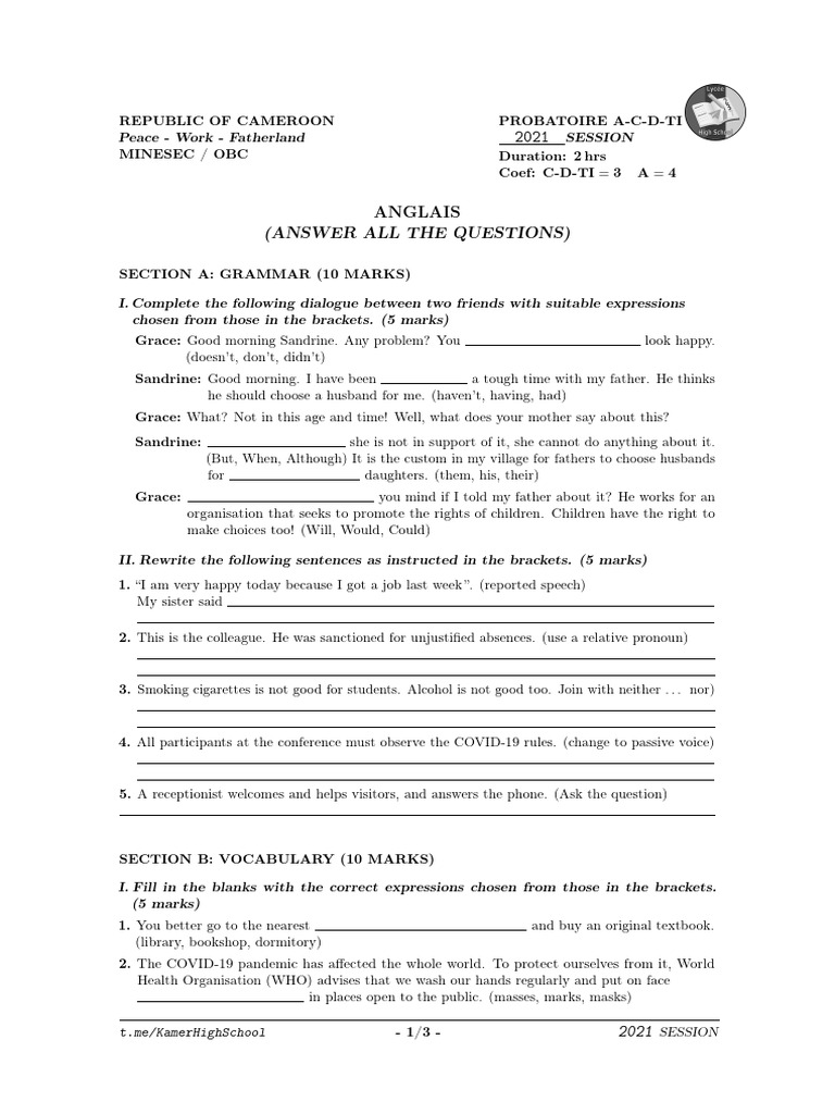 MINESEC Anglais 1èreACDTI Probat 2021 | PDF | Educational Technology ...