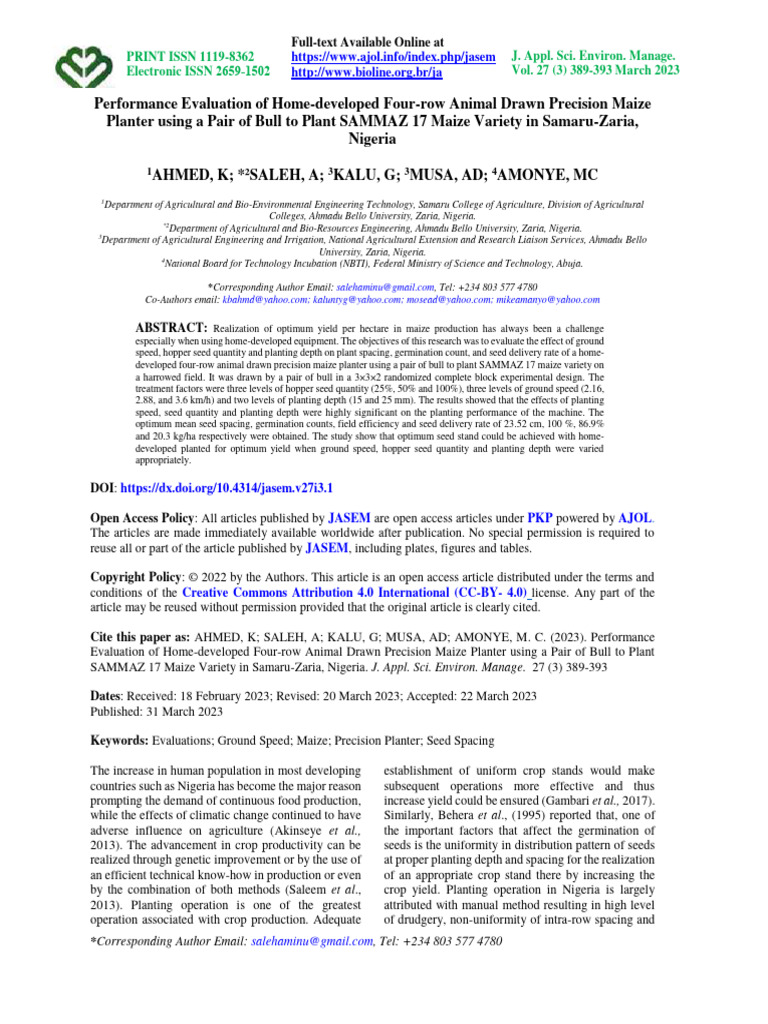 Maize Planter Evaluation | PDF | Sowing | Analysis Of Variance