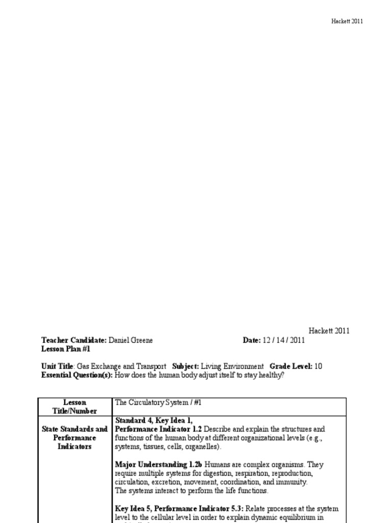 Circulatory System Lesson Plan for 10th Grade | PDF | Human Body ...
