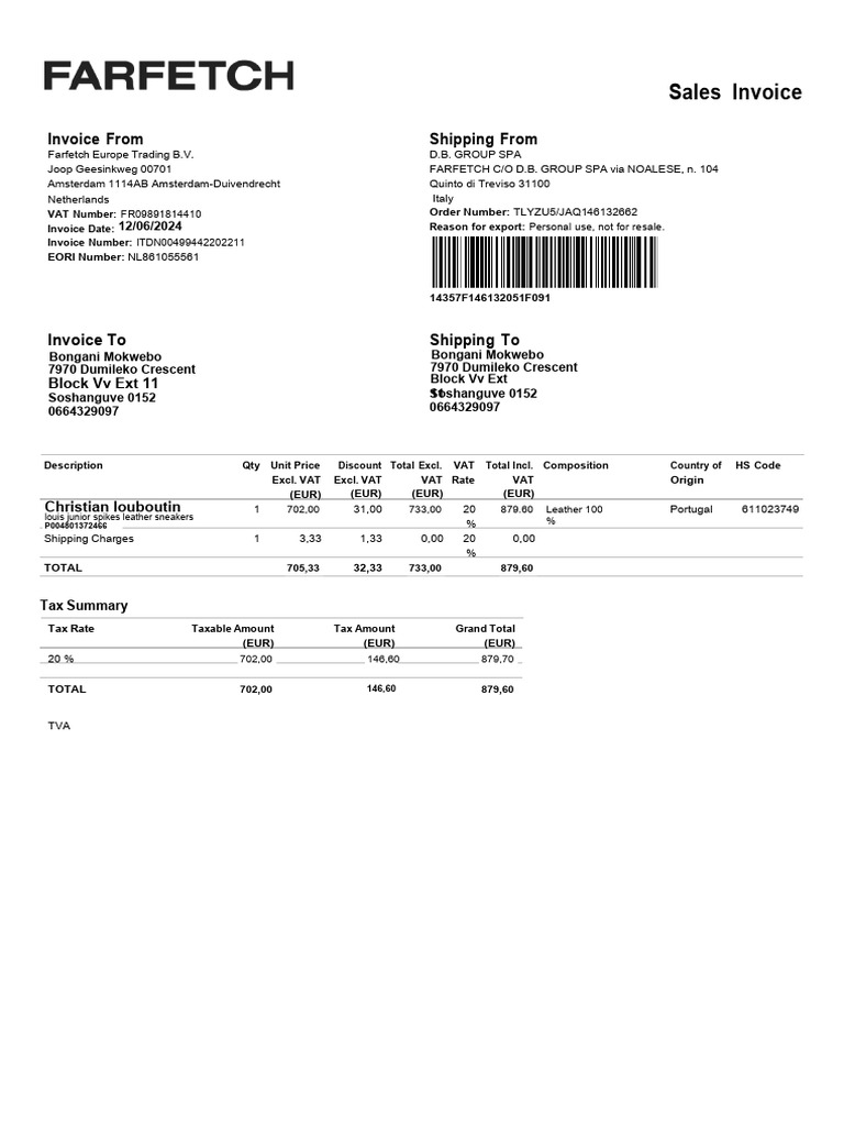 Farfetch Invoice for Louboutin Sneakers | PDF | Value Added Tax | Invoice