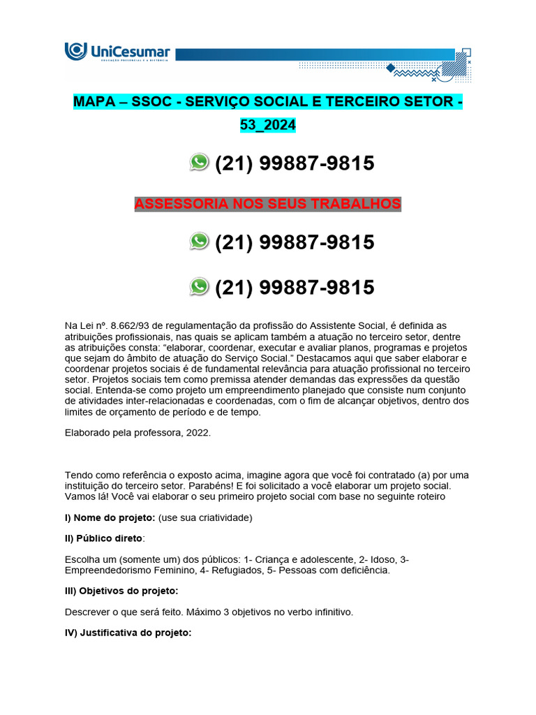 Mapa - Ssoc - Serviço Social E Terceiro Setor - 53 - 2024: Assessoria ...