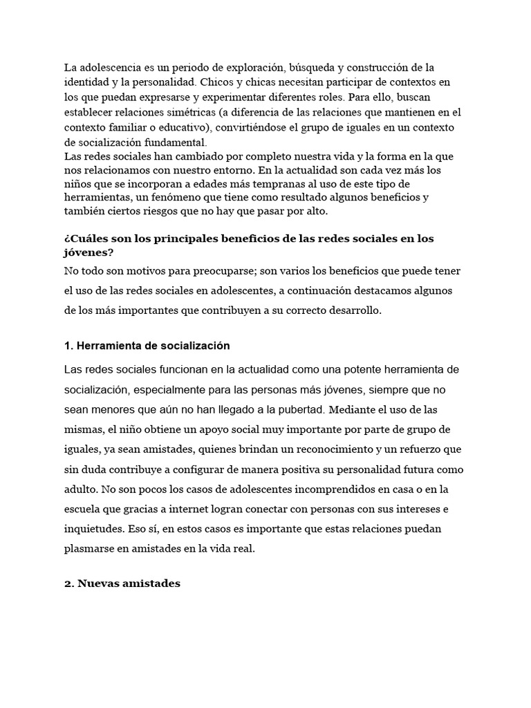 Beneficios y riesgos de redes sociales en adolescentes | PDF | Acoso ...