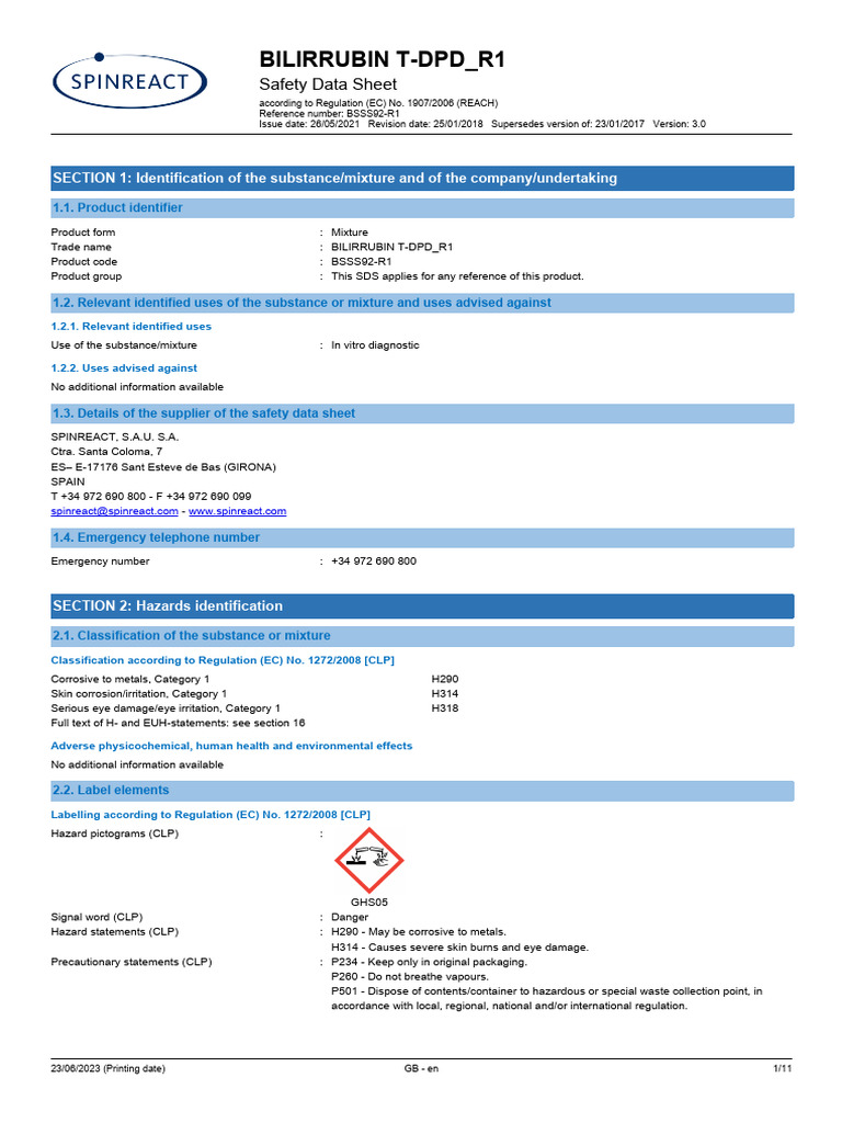 Bilirubin T-DPD R1 Safety Data Sheet | PDF | Firefighting | Personal ...